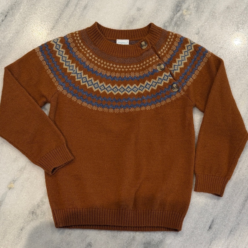 Edgehill Collection Toddler Boy’s Brown Crewneck Sweater 2T Buttons Fair Isle‎
